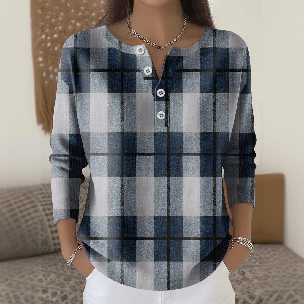 Women's Fashion Long Sleeve Plaid Geometric Print Top Elegant Casual Top