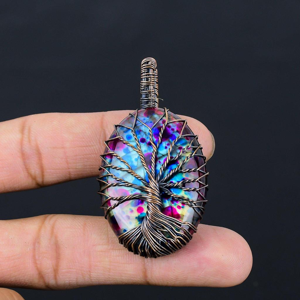 Древо жизни Multi Flash Лабрадорит драгоценный камень Чистая медная проволока обернутая подвеска ручной работы ювелирные изделия