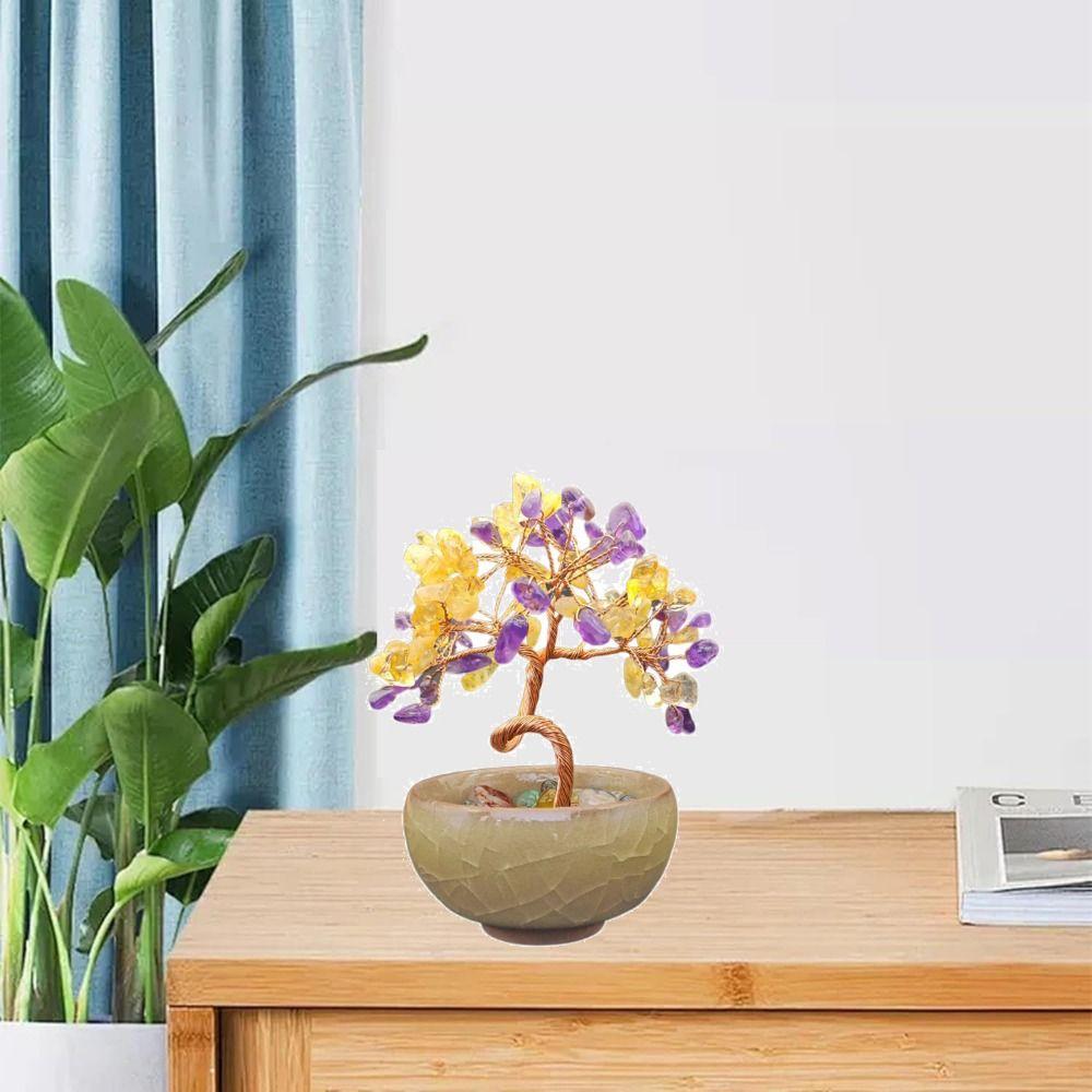 Керамическая основа Дерево из натуральных кристаллов Позитивная энергия Удача Фигурка Дерево богатства из драгоценных камней Дом