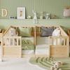 Double Pine Wood Floor Bed, 2 X 90 X 200 Cm, with Semi-Enclosed High Safety Rails and Open Entry Opening, Natural