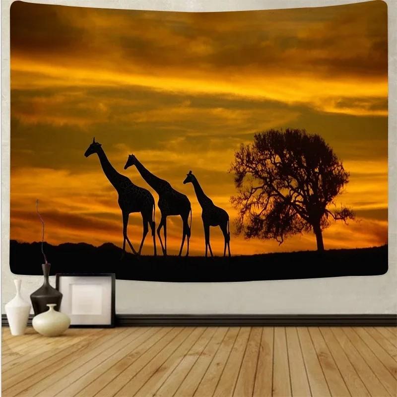 VIKAMA African Animal Silhouette Tapestry High Contrast Sunset Gradient Mural Acacia Tree Elements Living Room BB