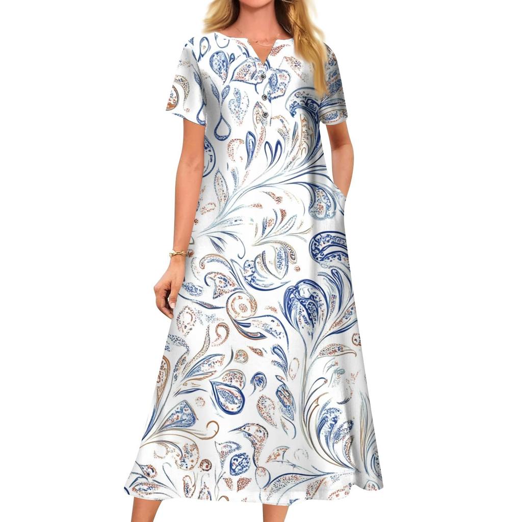 Женское летнее платье свободного кроя с принтом, V-образным вырезом и короткими рукавами