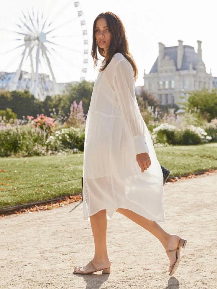 EDOLYNSA 2024 повседневный белый воротник-стойка спереди с открытым длинным рукавом летнее пляжное платье туника женская одежда пляжная одежда платья миди Q1101