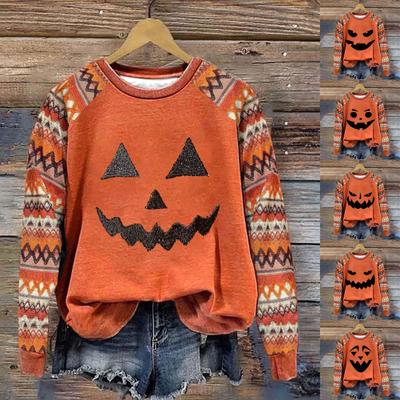 Женская мода повседневная толстовка с длинным рукавом и вставкой на плече с принтом на Хэллоуин с круглым вырезом