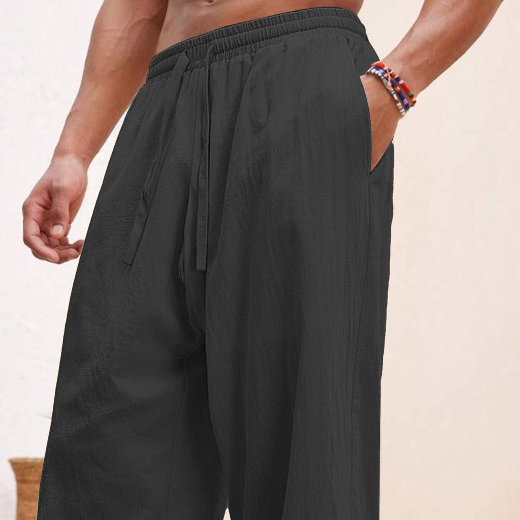 Европейские и американские мужские льняные прямые свободные брюки однотонные повседневные на шнуровке широкие пляжные брюки