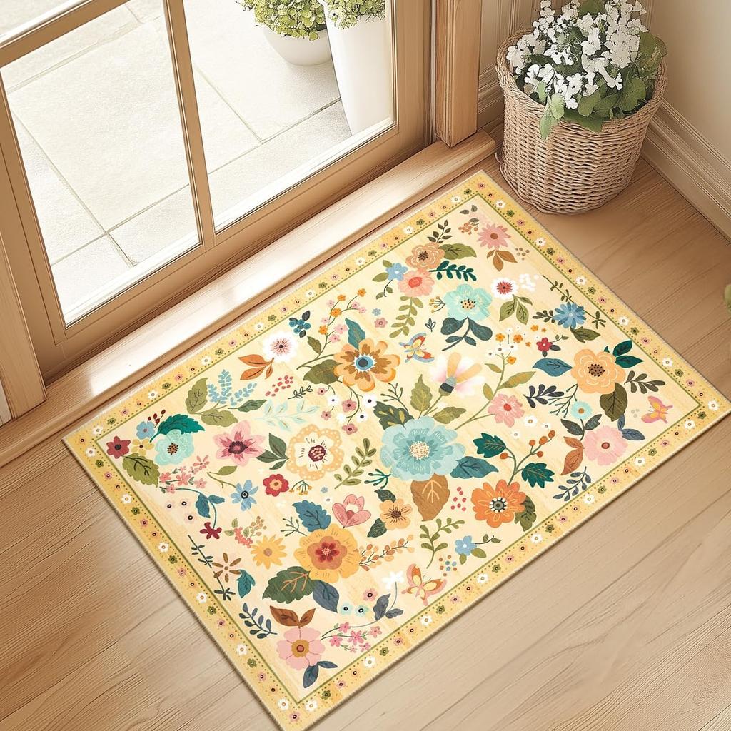 Crystal velvet carpetFloral Area Rug Machine Washable Soft Print Boho Carpet Non Slip Doormat Low Pile Flower Area Rugs for
