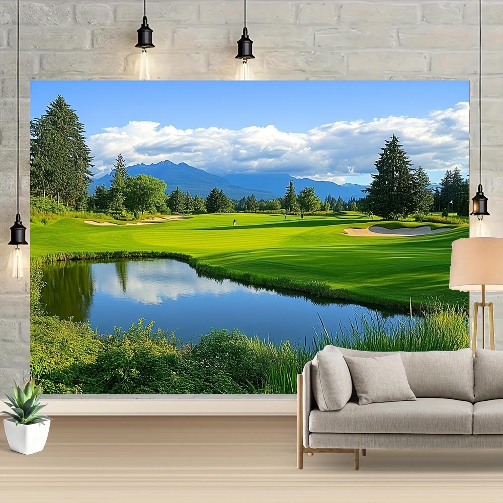 1 piece of serene golf course backdrop - jungle green, lake, blue sky and white clouds, made of durable polyester fiber