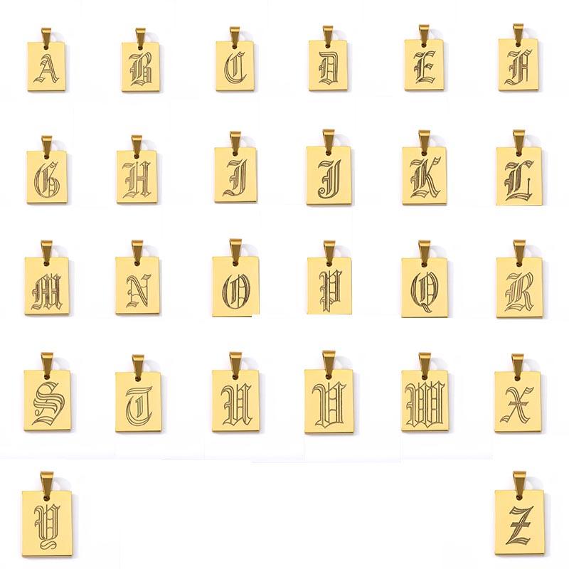 Gothic A -Z Initial Letter Statement Necklace For Women Men Stianless Steel Square Letter Rectangle Medallion Choker Jewelry