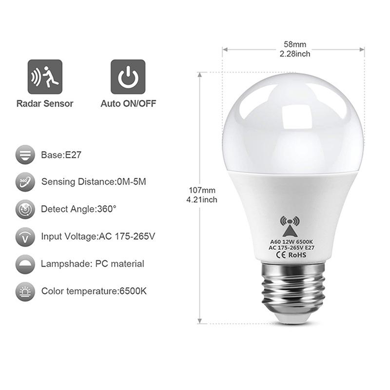 E27 Led Light Bulb 220V 12W Radar Motion Induction Lamp Built-In Radar/Light Sensors For Home Stairs Pathway Garage Lighting
