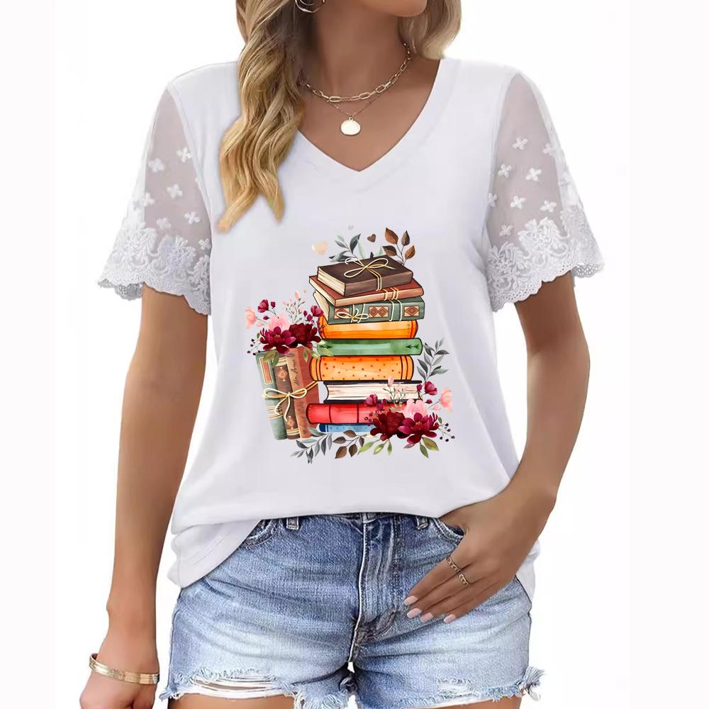 Женская летняя футболка больших размеров с V-образным вырезом, короткими рукавами, цветочным принтом и кружевными рукавами