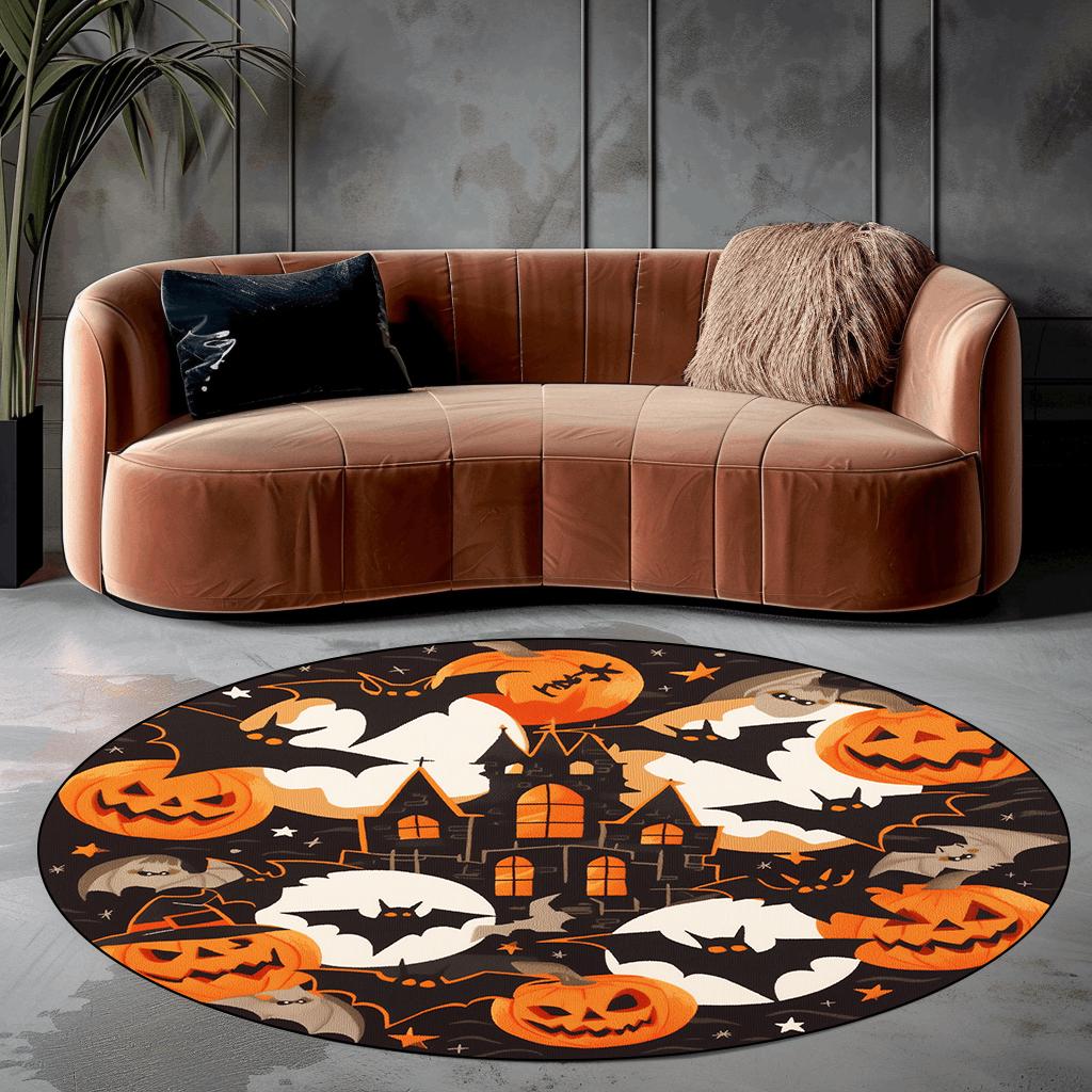 Halloween Bat Pumpkin Round Carpet for Living Room Decoration Sofa Coffee Table Area Chair Mat Non-slip Rugs for Bedroom Bedside
