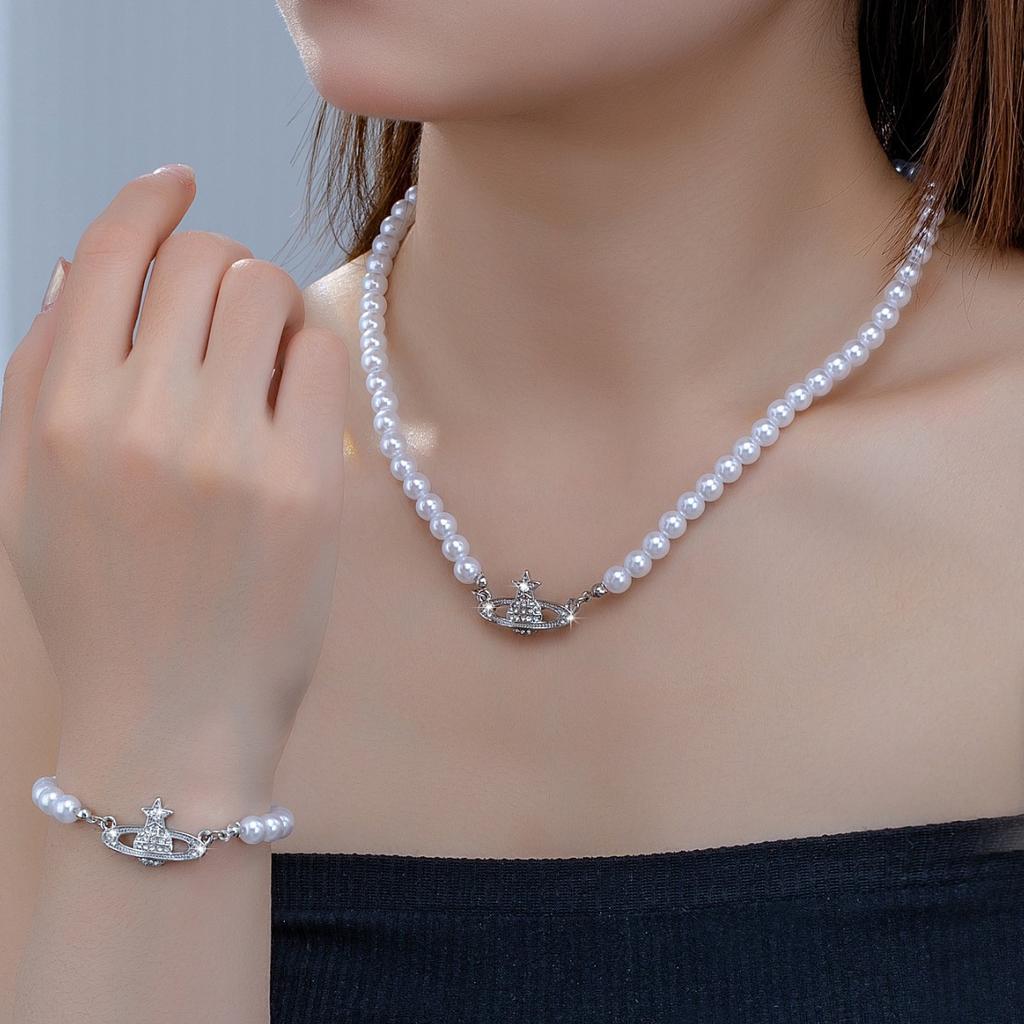 Корейский Модный Тренд Жемчужный Браслет Ожерелье Комплект Женский Нишевый Высококлассный Смысл Легкий Роскошный Стиль Планета Ключичная Цепочка