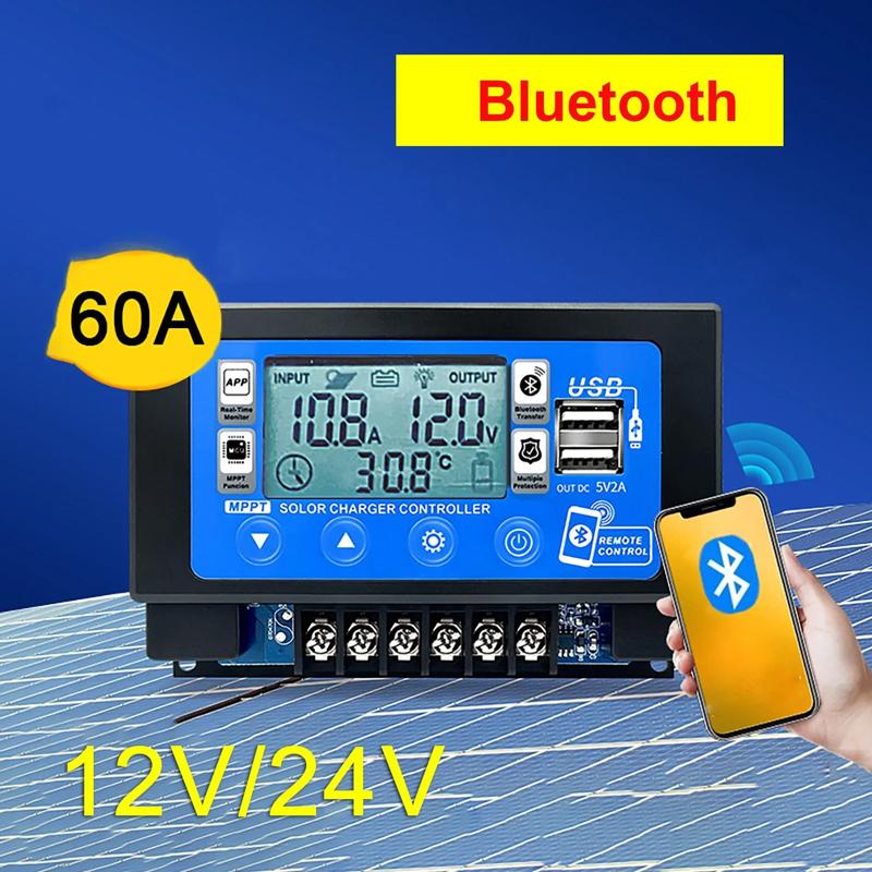 MPPT Контроллер заряда солнечной энергии 30А 60А с Bluetooth WiFi 12В/24В Умный контроллер заряда солнечной энергии Двойной USB ЖК-дисплей Большой цифровой дисплей