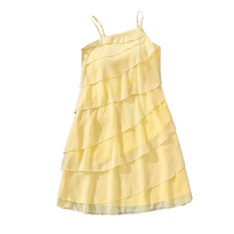 Girls' Fashionable Yellow Spaghetti-Strap Dress: Spring/Summer Children's Beach Vacation-Style Dress