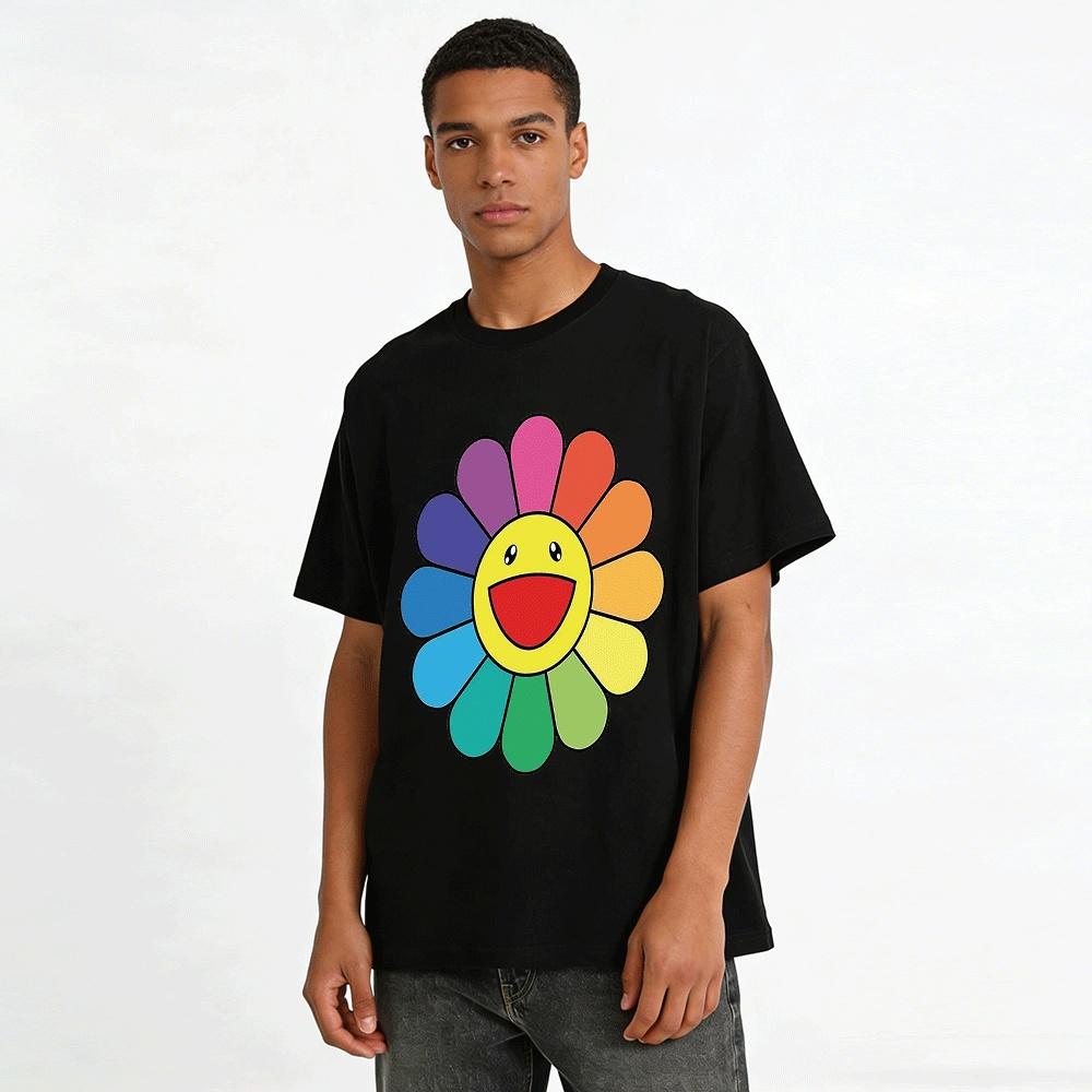 Classic Takashi Murakami Rainbow Sunflower Print Casual Tee Pure cotton T-shirt