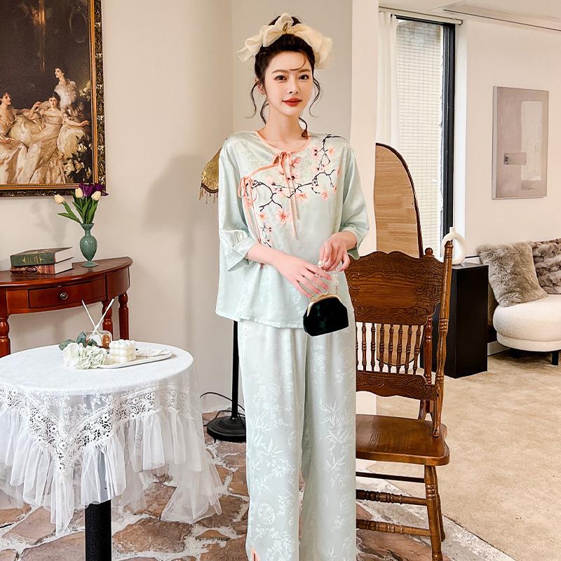 Women's pajamas new spring and summer ice silk comfortable and high-end new Chinese style loungewear set retro thin