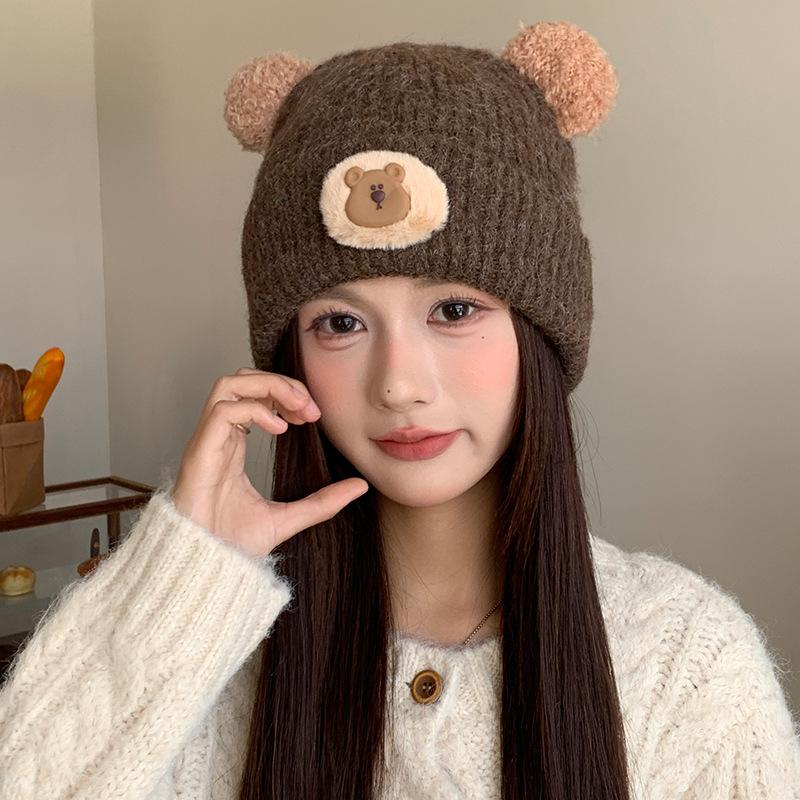 Cute Cartoon Bear Wool Knitted Hat for Female Students, Seasonal Cold Hat, Big Head Circumference, Warm Ear Protector
