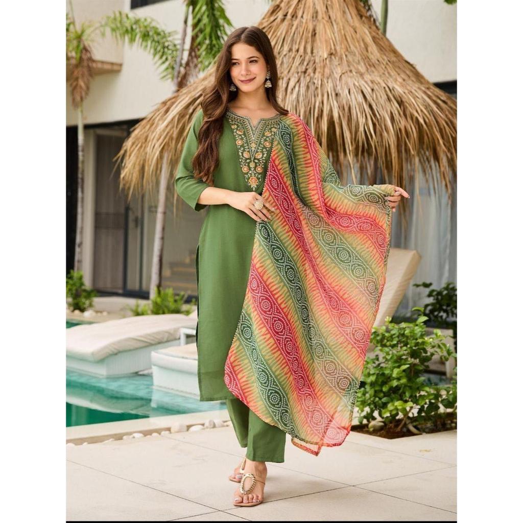 Women's Rayon Embroidered Straight Kurta with Pant And Dupatta Sets