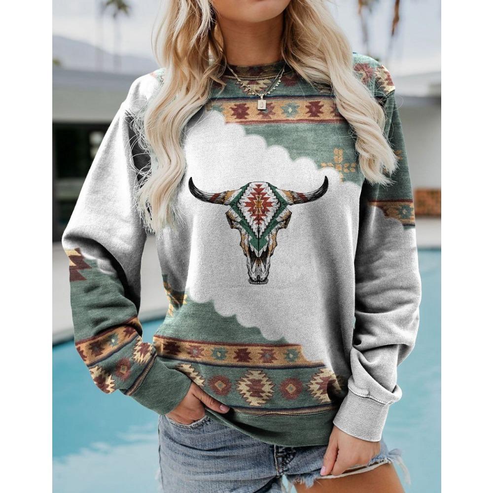 Women's Casual Hoodie Ethnic Western Style Print Sweatshirts Long Sleeved T-shirt O Neck Hoody Women Hoodies Female Autumn Tops