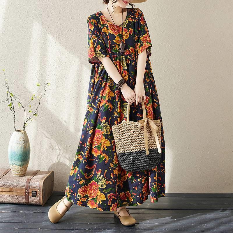 Johnature Женское весеннее винтажное свободное платье в стиле ретро с нишевым принтом и круглым вырезом с короткими рукавами, повседневное платье