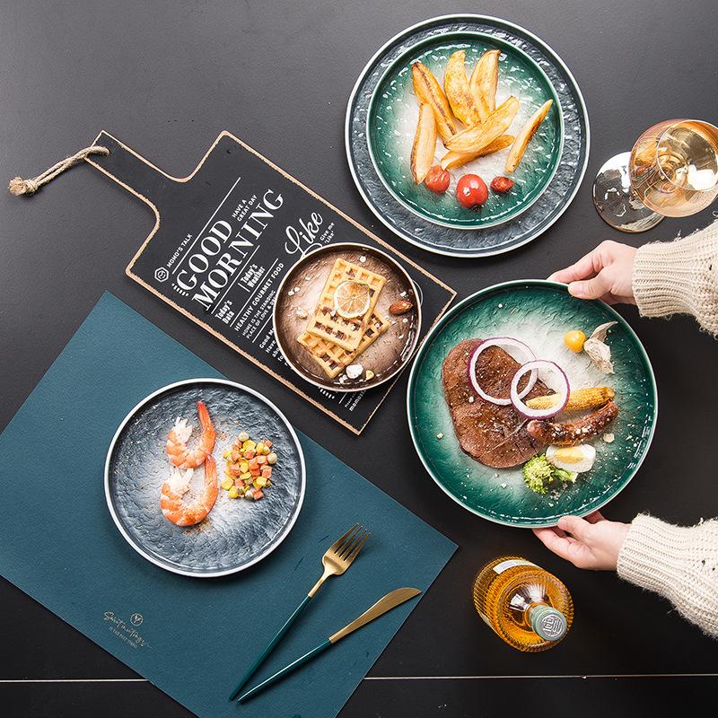 Nordic Internet Celebrity Ceramic Steak Round Flat Plate Home Creative Dishes Plate Dim Sum Western Food Plate Set Combination Tableware