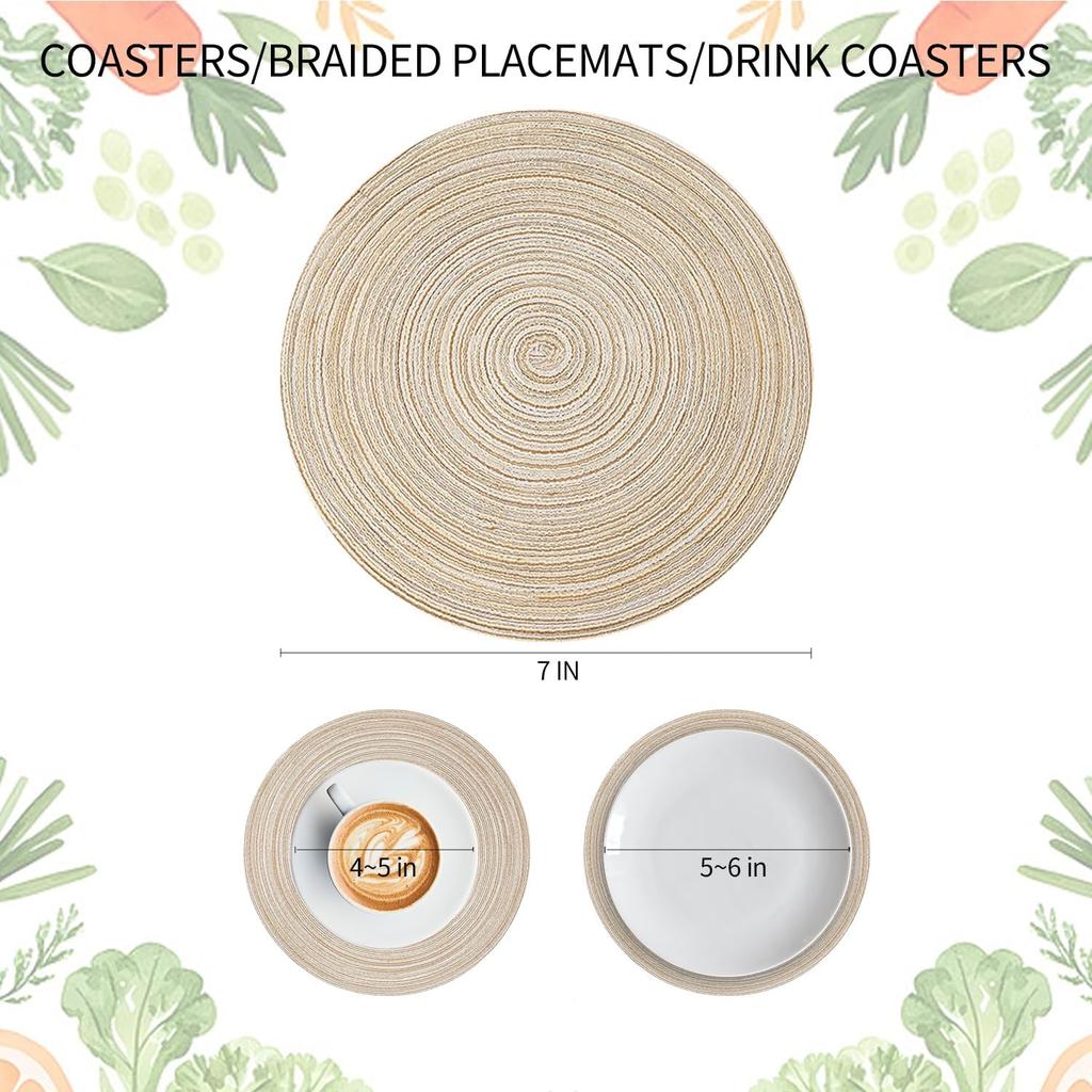 7 Inch Round Braided Placemats Set of 4,Coffee Mat,Table Mats,Washable Heat Resistant Cotton Polyester Circle Place Mats for Kitchen Dinner Party