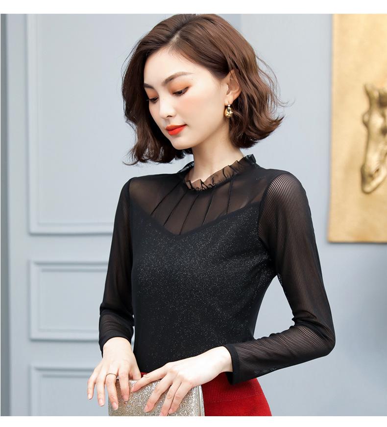 Женская кружевная рубашка с низом — черная сетка, облегающий крой, длинный рукав, воротник-стойка, осень/зима 2021 г.