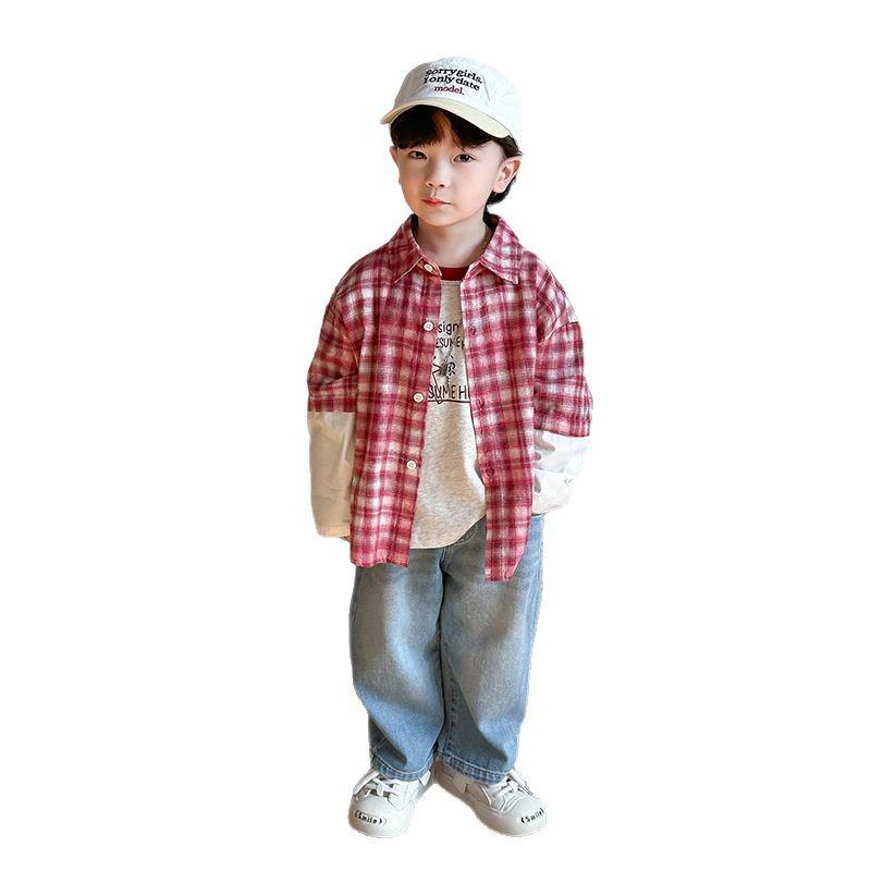 Детская рубашка с красными лацканами в клетку — в стиле колледжа, весна/осень 2025 г., комплект из двух предметов для мальчиков и девочек