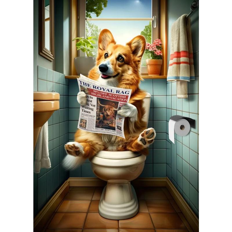 Современный лев, собака, хайленд, сидящая на унитазе и читающая газету, плакат, забавный принт с животными, картина на холсте, декор для ванной комнаты, картина