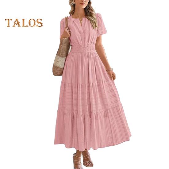 Женское летнее платье макси, повседневное платье с V-образным вырезом, коротким рукавом, многослойное струящееся платье, присборенная талия, плиссированное длинное платье