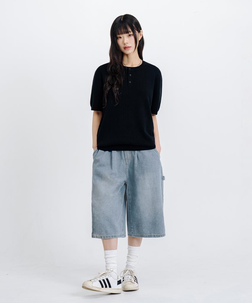 LEMAIN SECOND Classic Henley Neck Washable Short Sleeve Knit [Black]
