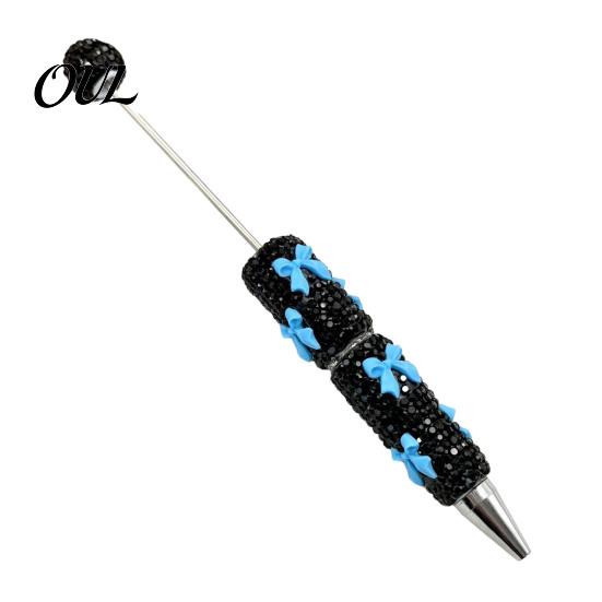 Smooth Writing Pen Glitter Beadable Ballpoint Pen, Rhinestone Bow Beaded Handmade DIY Bling Black Ink Pens for Making, School Office Supplies