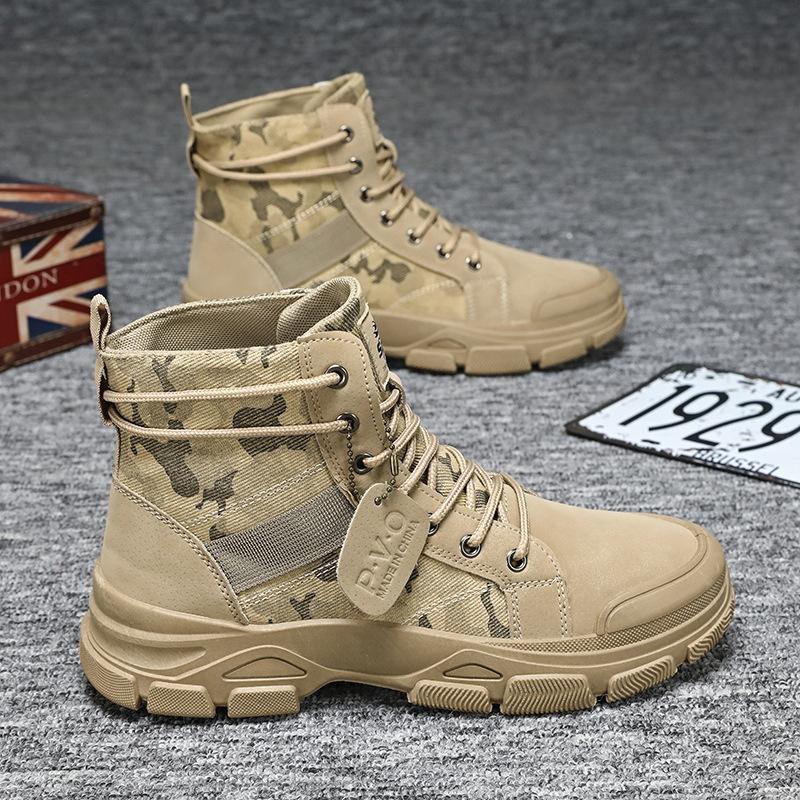 Mens Camouflage High Top Work Boots Comfortable Sneakers Outdoor Hiking Shoes Thick Sole Non-Slip Durable Lace-Up Platform Boots