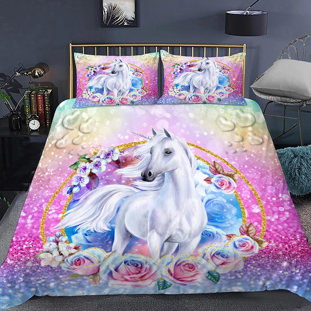 Unicorn Soft Duvet Cover Purple Pink Carton Dream Warm Comforter Cover Set Women Stars Rainbow Rhinestone Beding Set for Tenage Young Girls