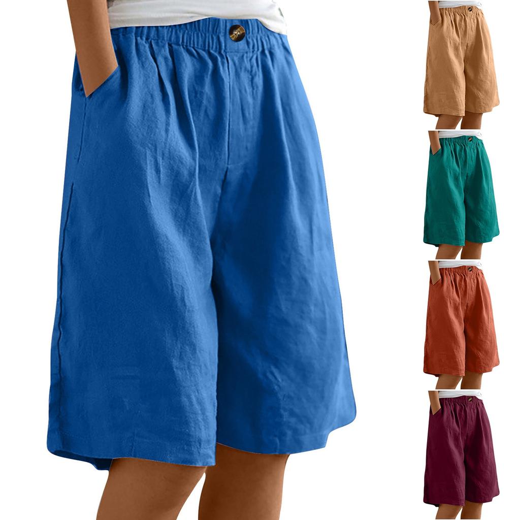 Women's Fashion Solid Color Pants Pocket Button Up Capris Loose Elastic Waist Cotton Linen Shorts