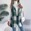 Женское клетчатое двубортное шерстяное пальто с карманами, длинный жилет