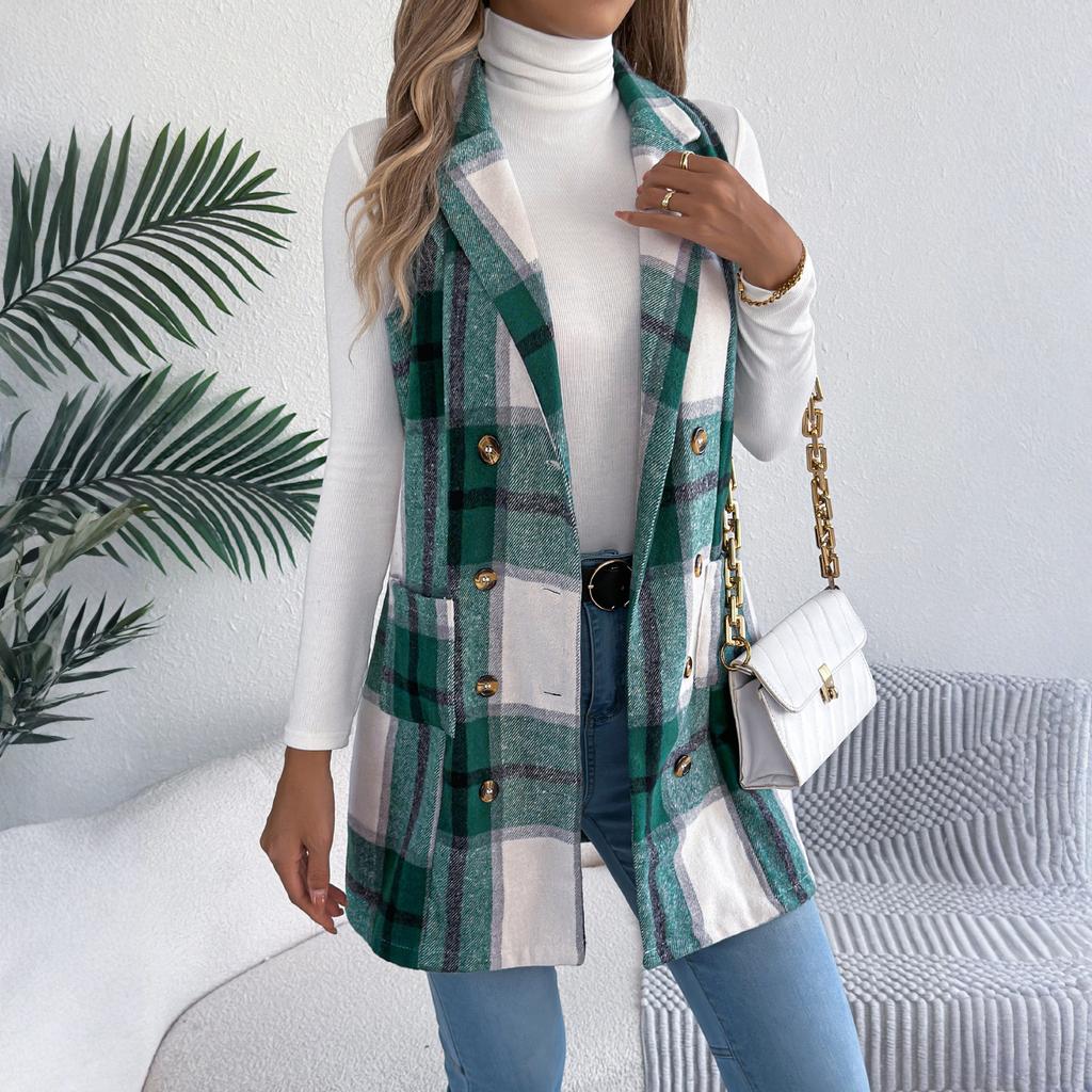 Женское клетчатое двубортное шерстяное пальто с карманами, длинный жилет