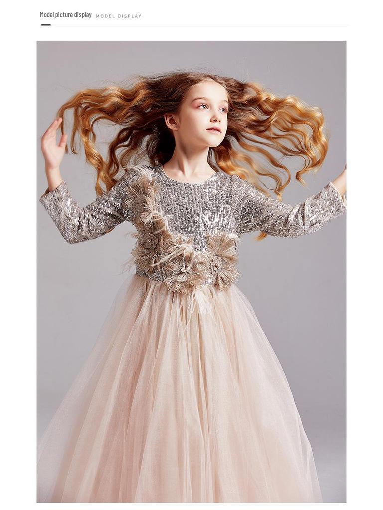 Девочковое блестящее платье-пачка принцессы, с длинным рукавом, для выступлений и банкетов