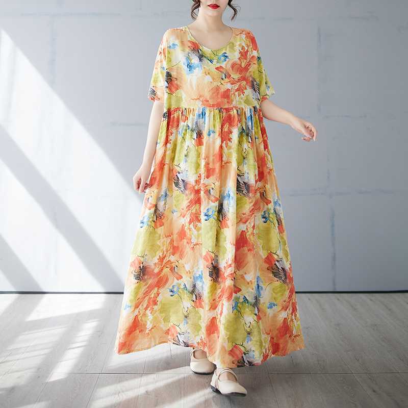 Женская простая и модная длинная юбка летнее платье с короткими рукавами и круглым вырезом с принтом