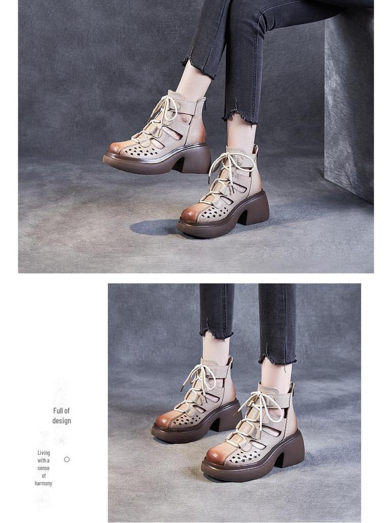 Женские ретро-римские сандалии из коровьей кожи: Коллекция лета 2024 г. — толстая подошва, ажурный дизайн, сетчатый стиль сапог