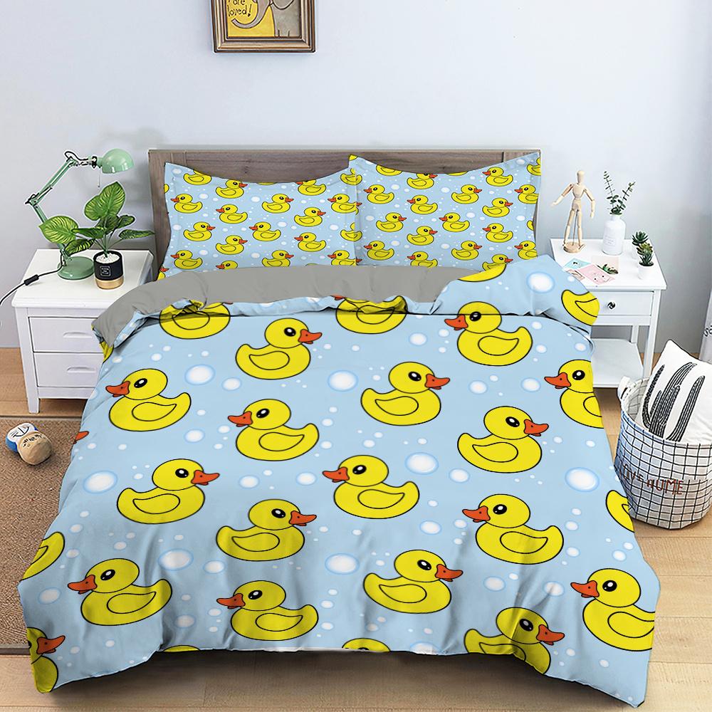 Cartoon Yellow Duck King Queen Duvet Cover Farm Lovely Animal Bedding Set Blue Bubble Quilt Cover Soft Polyester Comforter Cover