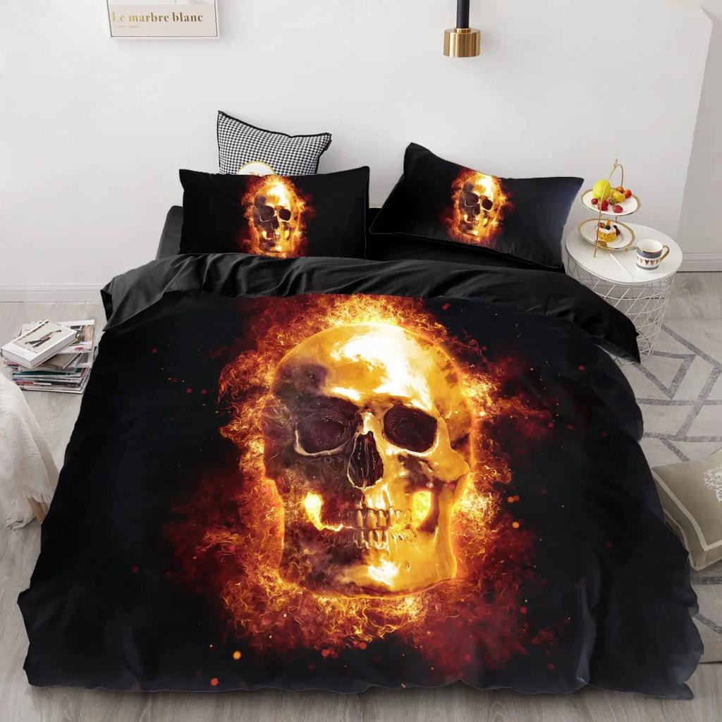 Black Blue Flame Skull Duvet Cover Set Full Size 3D Skeleton Bones Bedding Set Gothic Comforter Cover Horror Skull Quilt Cover