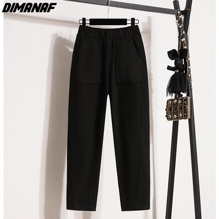 DIMANAF 2024 Зимние длинные брюки больших размеров для женщин, эластичная талия, свободные повседневные однотонные брюки-шаровары, толстые хлопковые шерстяные брюки