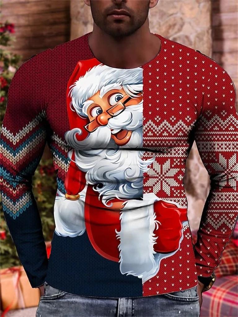 New Spring and Autumn Men's Fashion Interesting New Year Santa 3D Printed Long Sleeve Round Neck Plus Size Loose Breathable Top