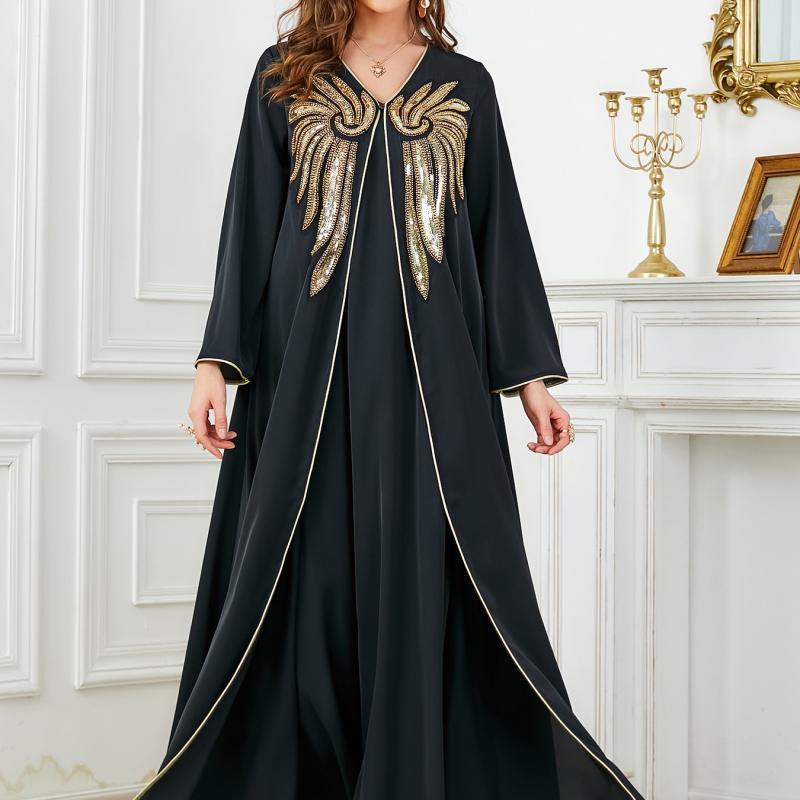 Middle East Muslim Gold Sequin Beaded Applique Two Piece Set Dubai Arab New Women's Dress