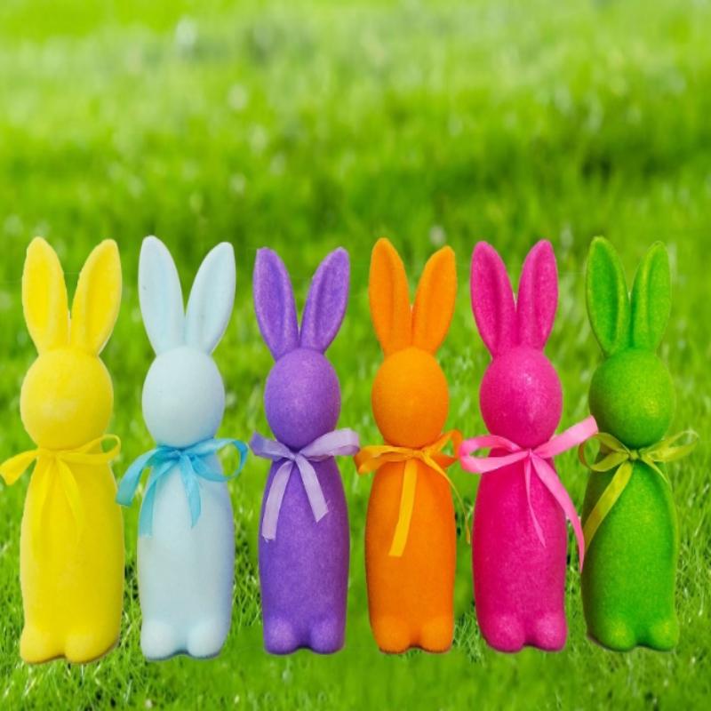 Flocked Easter Bunny Decor Cute Easter Standing Rabbit Statue With Bow Tie Spring Tabletop Centerpiece Nursery Home Decor