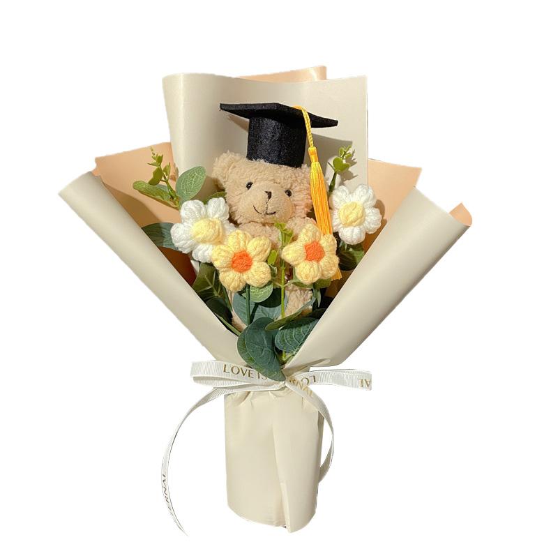 1Pc Party Decor DIY Plush Toy Mini Graduation Bouquet Student Gift Little Bear Knitted Sunflower Crochet Flower