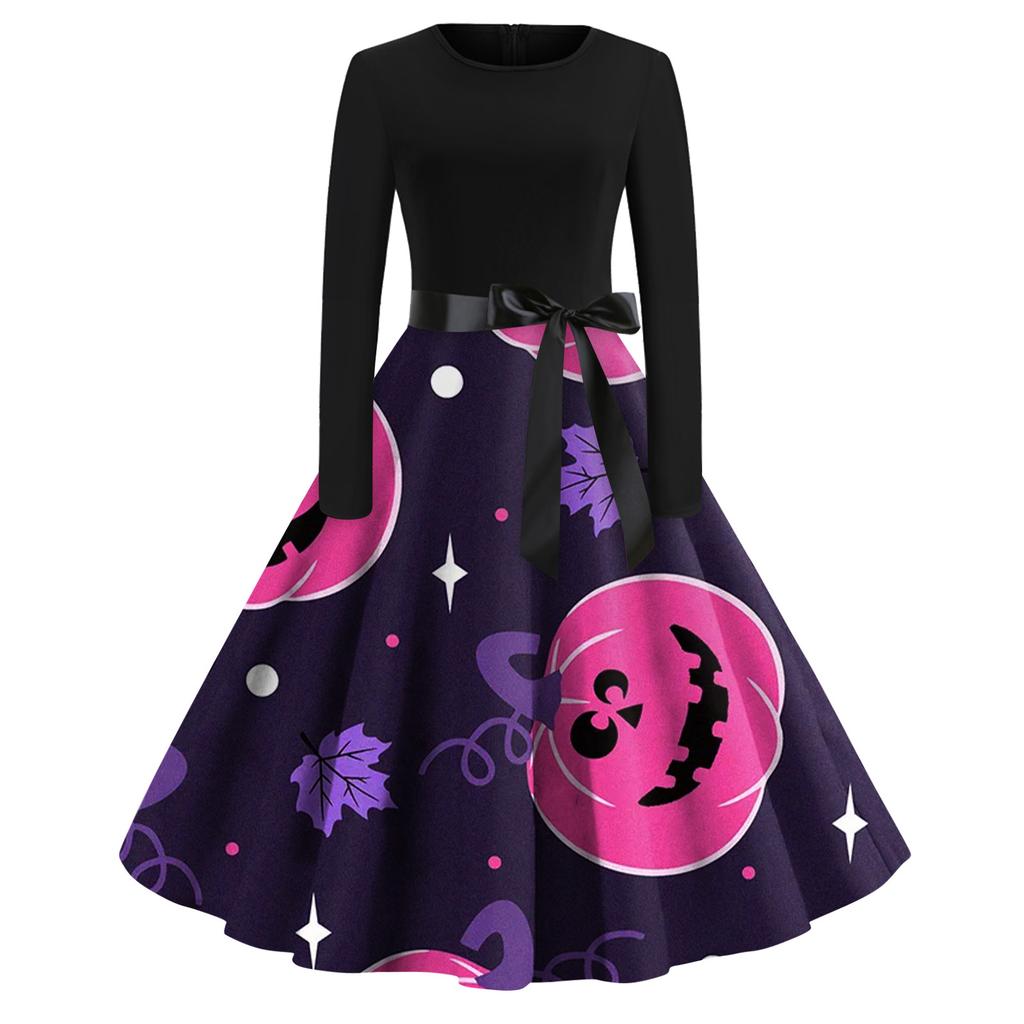 Женское расклешенное платье с принтом на Хэллоуин для женщин, платье с длинным рукавом, вечерние повседневные платья