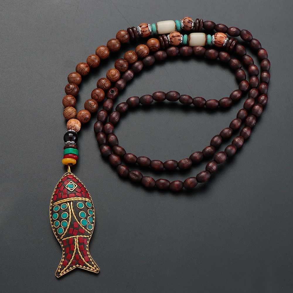 Boho Ethnic Jewelry Lucky Gift Party Mala Wood Bead Buddhist Horn Fish Pendant Nepal Necklace