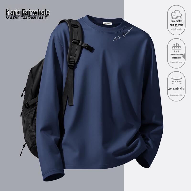 MARK FAIRWHALE Men's Loose Fit Pure Cotton Long Sleeve Crew Neck T-Shirt